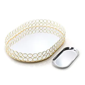 Mirrored Crystal Vanity Tray - (Oval, 14 x 10 inches, Gold)
