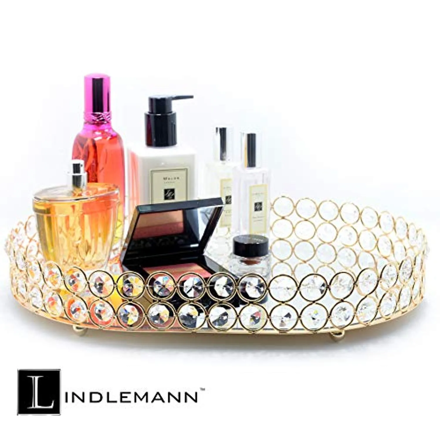 Mirrored Crystal Vanity Tray - (Oval, 14 x 10 inches, Gold)