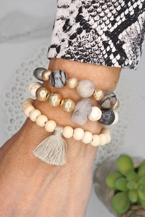 Glamorous touch Boundless Amalgamations Boho Beads Tassel Bracelets set with Semi Precious stones beads Gray