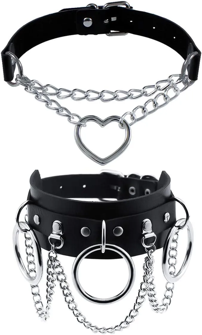 MJartoria Gothic Jewelry-Goth PU Leather Choker Necklaces for Women-Heart Punk Rock Adjustable Black Collar Choker Necklaces 2PCS Link