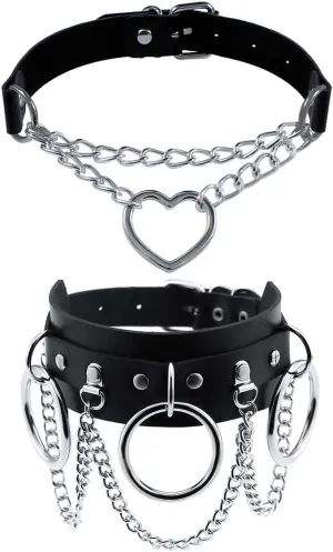 MJartoria Gothic Jewelry-Goth PU Leather Choker Necklaces for Women-Heart Punk Rock Adjustable Black Collar Choker Necklaces 2PCS Link
