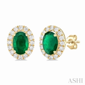 Office Style 6x4 MM Oval Shape Emerald and 1/4 Ctw Round Cut Diamond Halo Precious Stud Earrings in 14K Yellow Gold