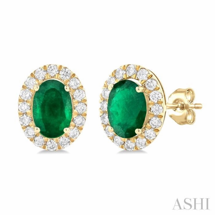Office Style 6x4 MM Oval Shape Emerald and 1/4 Ctw Round Cut Diamond Halo Precious Stud Earrings in 14K Yellow Gold