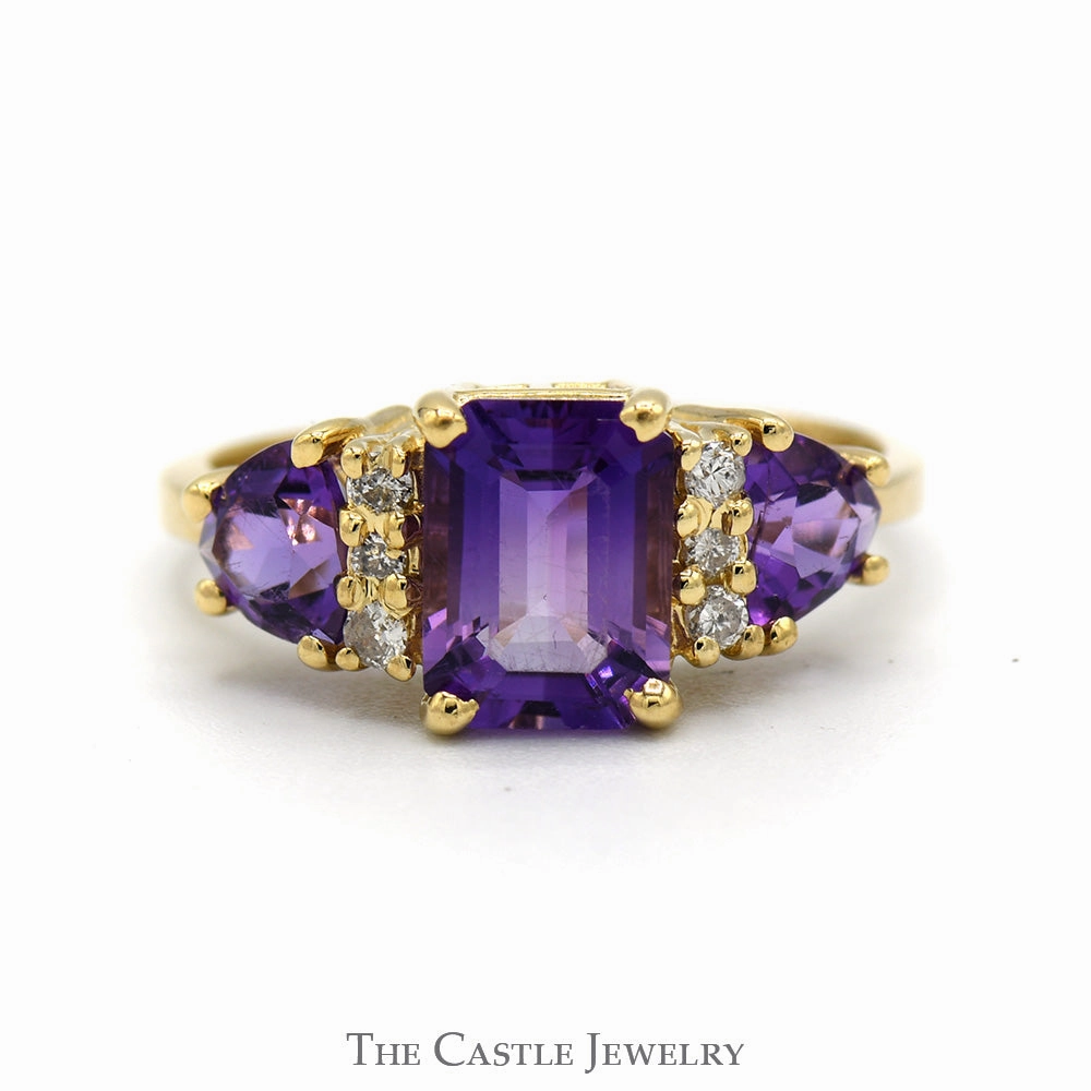 Emerald Cut Amethyst Ring with Trillion Cut Sides & Diamond Accents in 14k Yellow Gold Sentimental Accessory
