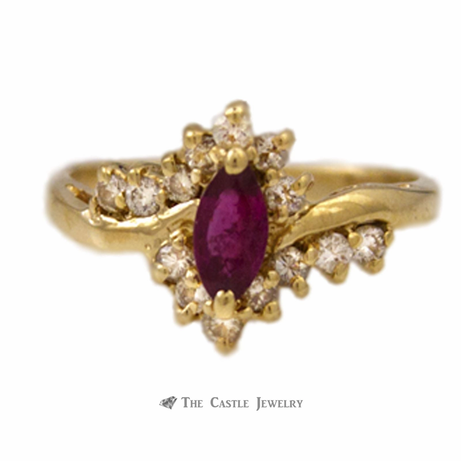 Marquise Ruby Ring 1/4ct tw Round Diamond Accents in 14K Gold Classic Style