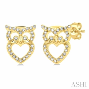 Mature Style Shining Piece 1/6 Ctw Petite Owl Round Cut Diamond Fashion Stud Earring in 10K Yellow Gold