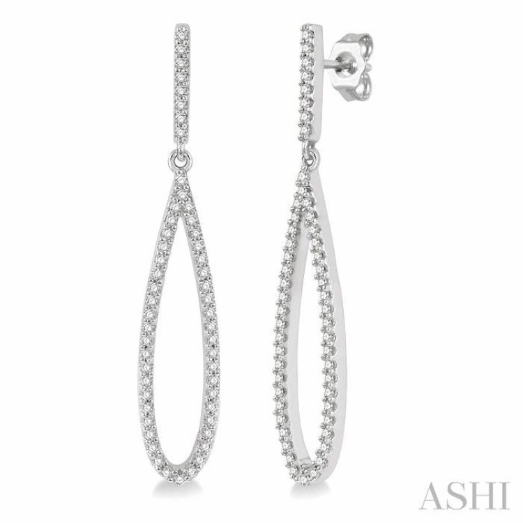 Layered Look Minimal Fashion 1/3 ctw Open Pear Shape Round Cut Diamond Long Earring in 14K White Gold