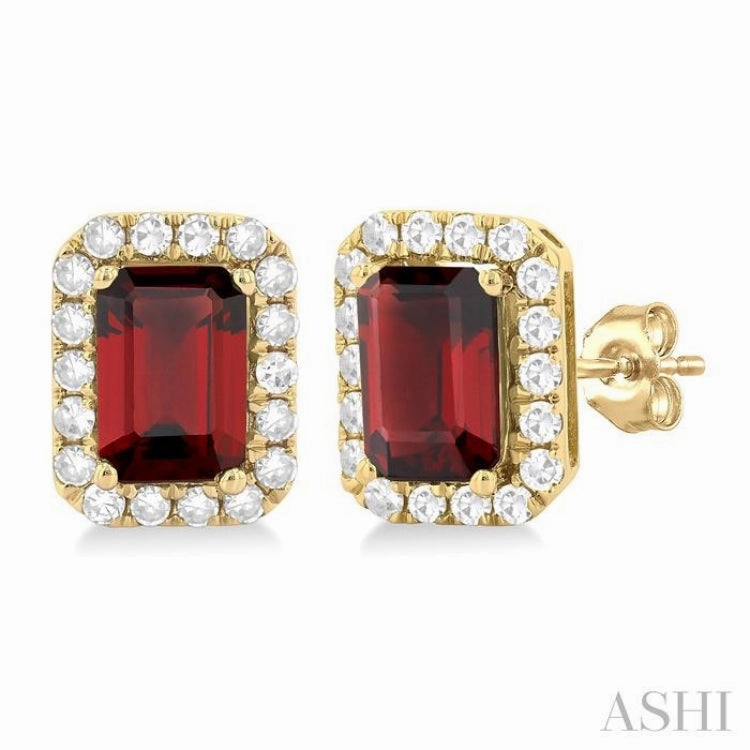 Casual Design Pastel Look 6x4 MM Octagonal Shape Garnet and 1/4 Ctw Round Cut Diamond Halo Semi-Precious Stud Earrings in 10K Yellow Gold