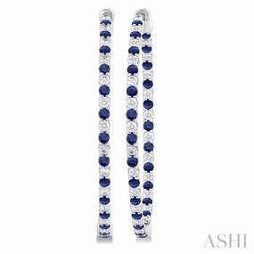 Breezy Style Modern Edge 1.9 MM Round Cut Sapphire and 1 1/2 ctw Round Cut Diamond Precious Inside-Out Alternating Hoop Earrings in 14K White Gold