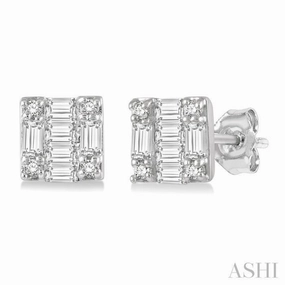 Creative Design 1/6 Ctw Square Shape Baguette and Round Cut Diamond Petite Fashion Earring in 10K White Gold.