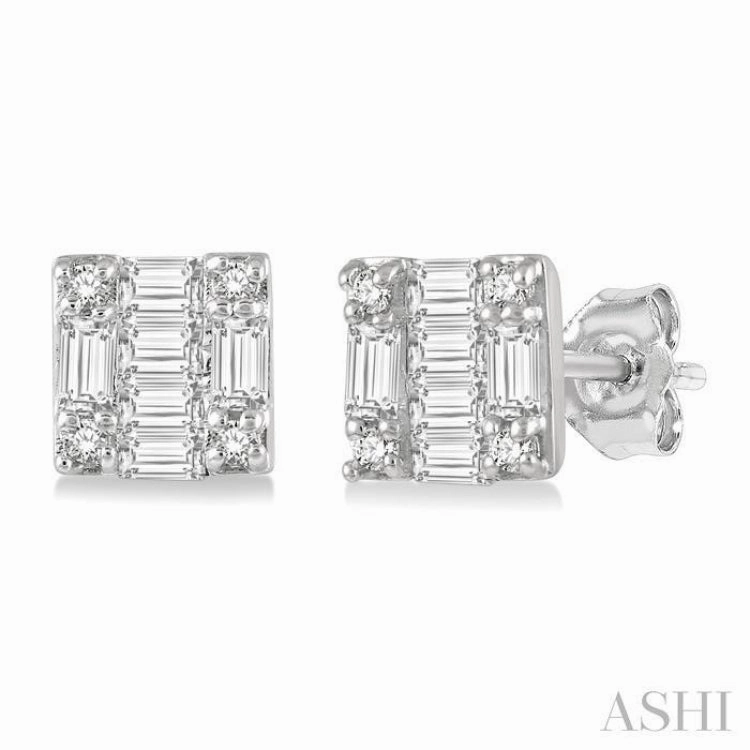 Creative Design 1/6 Ctw Square Shape Baguette and Round Cut Diamond Petite Fashion Earring in 10K White Gold.