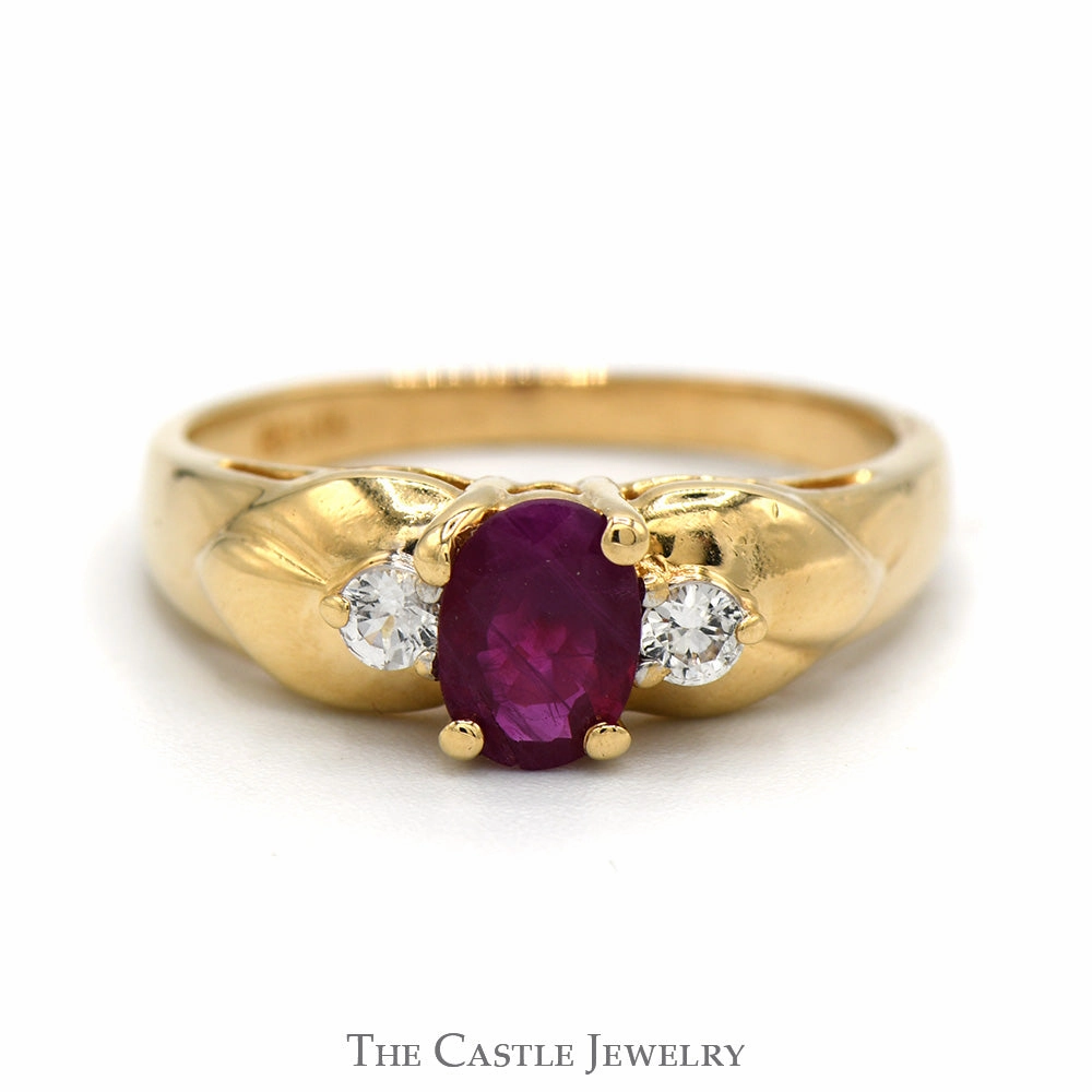 Wonderful Statement Oval Cut Ruby Ring with White Sapphire Accented Sides in 14k Yellow Gold