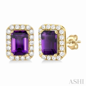 6x4 MM Octagonal Shape Amethyst and 1/4 Ctw Round Cut Diamond Halo Semi-Precious Stud Earrings in 14K Yellow Gold Evening Glam