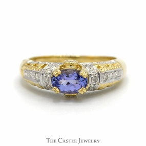 Oval Tanzanite Ring with Diamond Accented Sides in Ornate 14k Yellow Gold Mounting Shiny Ornament