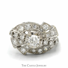 Designer Jewelry Antique Style Old European Cut Diamond Ring with Round Diamond Cluster Accents in 14k White Gold