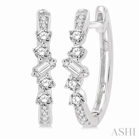 Artistic Form 1/3 Ctw Baguette and Round Cut Diamond Hoop Earrings in 14K White Gold