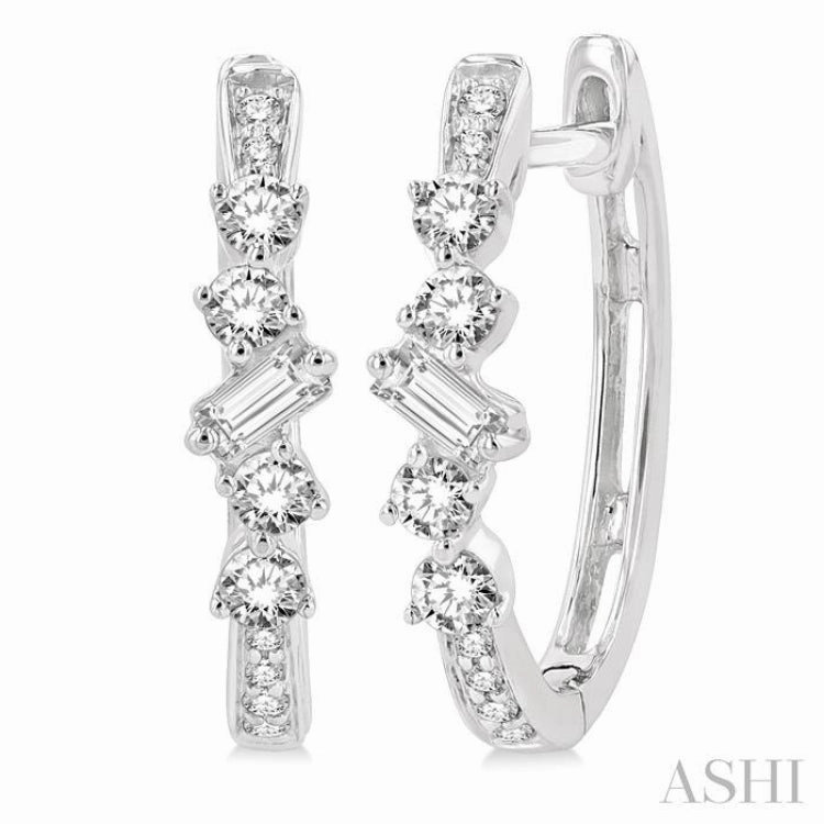 Artistic Form 1/3 Ctw Baguette and Round Cut Diamond Hoop Earrings in 14K White Gold