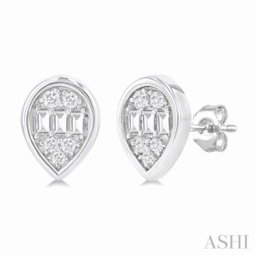 Alluring Accent 1/5 Ctw Petite Bezel Set Pear Shape Fusion Baguette and Round Cut Diamond Fashion Stud Earring in 10K White Gold