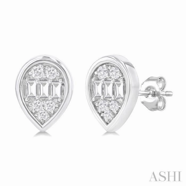 Alluring Accent 1/5 Ctw Petite Bezel Set Pear Shape Fusion Baguette and Round Cut Diamond Fashion Stud Earring in 10K White Gold
