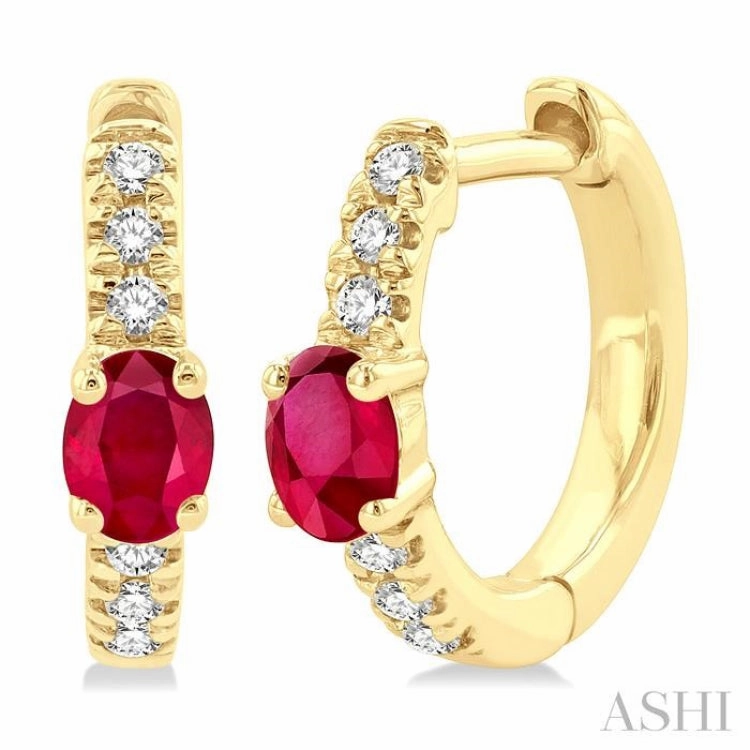 4X3 MM Petite Oval Cut Ruby and 1/10 Ctw Round Cut Diamond Fashion Huggies in 10K Yellow Gold Work Day Style Minimalist Flair