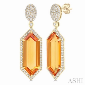 22x8 MM Hexagon Shape Citrine and 7/8 Ctw Round Cut Diamond Halo Semi-Precious Earrings in 14K Yellow Gold Modern Glam Clean Aesthetic