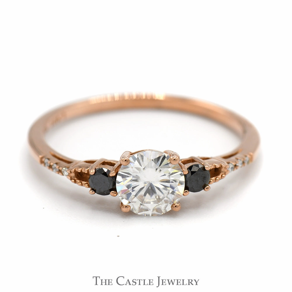 Moissanite Solitaire Ring with Black and White Diamond Accents in 10k Rose Gold Evening Look