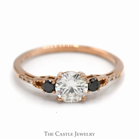Moissanite Solitaire Ring with Black and White Diamond Accents in 10k Rose Gold Evening Look