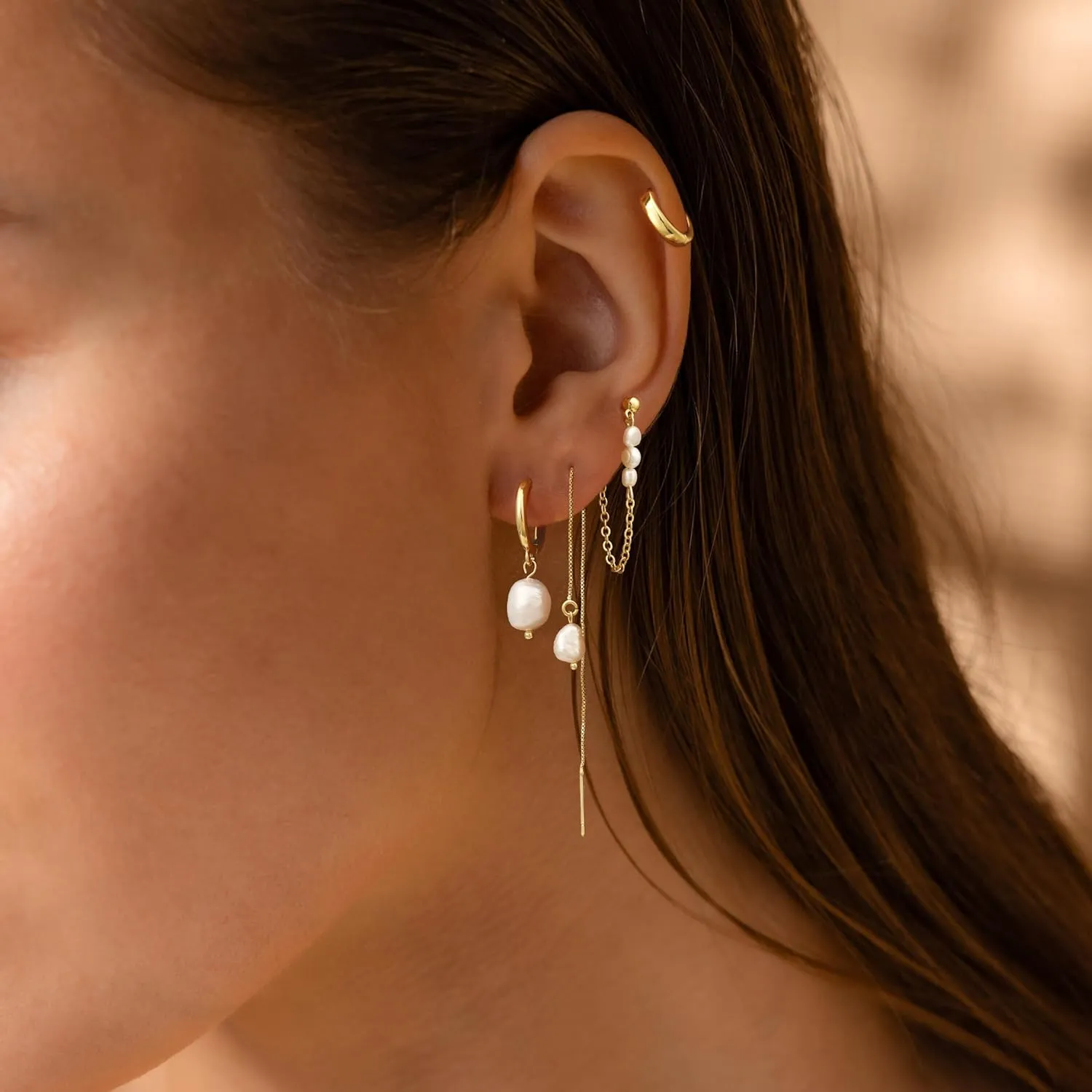 Moodear Mother's Day Gifts for Mom Pearl Dangle Hoop Earrings for Women - Dainty Hypoallergenic 14K Gold Plated Small Drop Chain Hoops Trendy Earring Sets for Multiple Piercing Jewelry