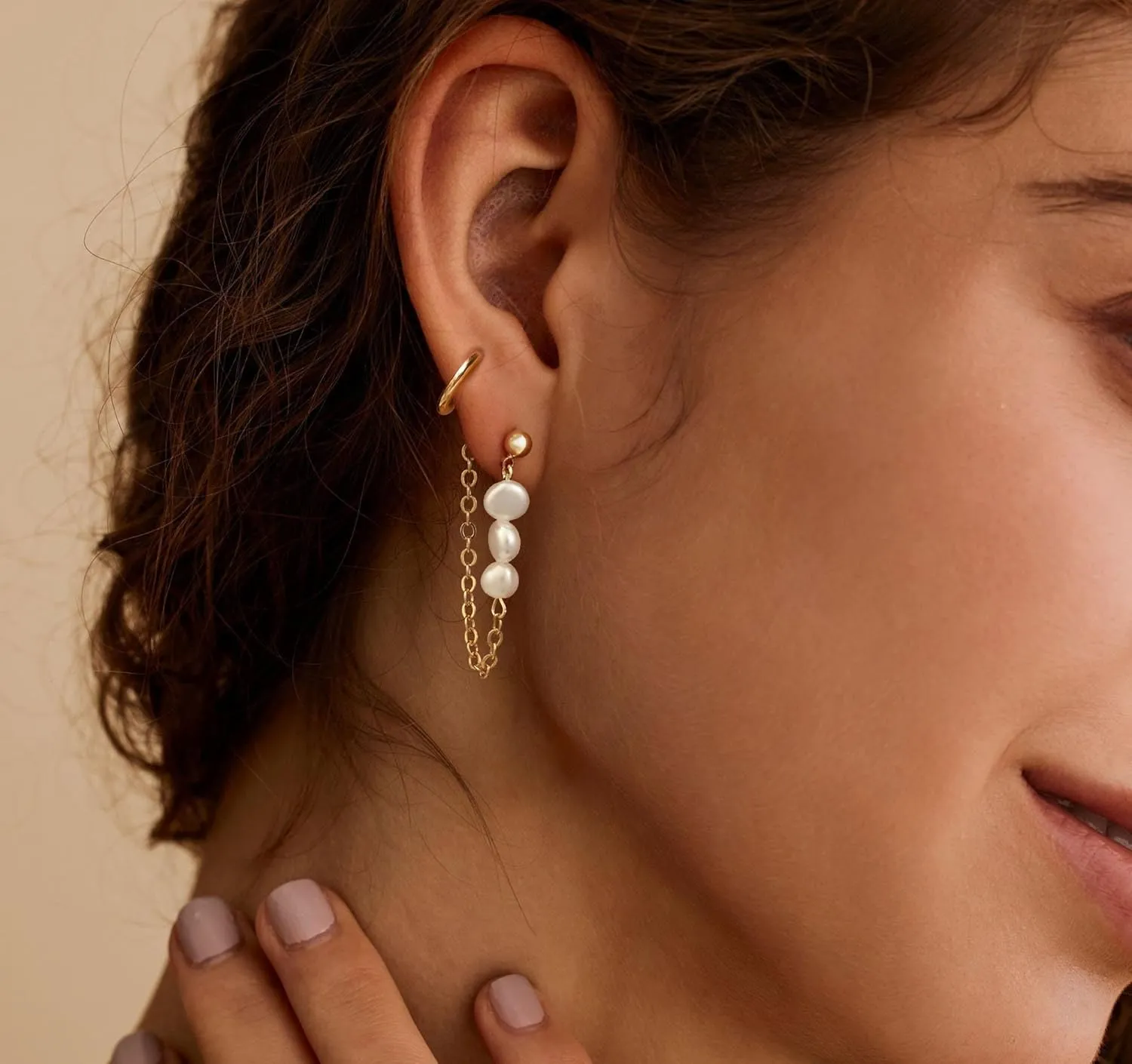 Moodear Mother's Day Gifts for Mom Pearl Dangle Hoop Earrings for Women - Dainty Hypoallergenic 14K Gold Plated Small Drop Chain Hoops Trendy Earring Sets for Multiple Piercing Jewelry