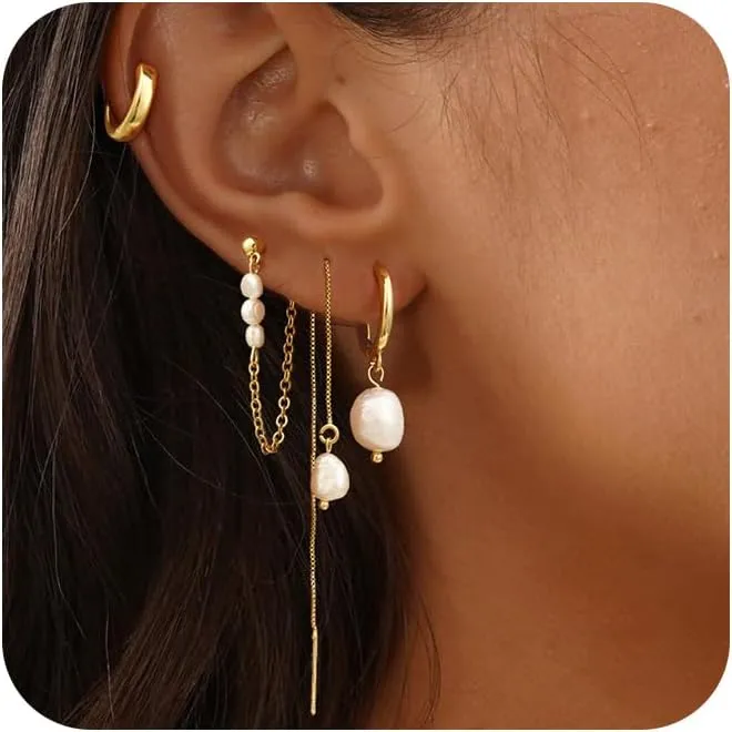 Moodear Mother's Day Gifts for Mom Pearl Dangle Hoop Earrings for Women - Dainty Hypoallergenic 14K Gold Plated Small Drop Chain Hoops Trendy Earring Sets for Multiple Piercing Jewelry