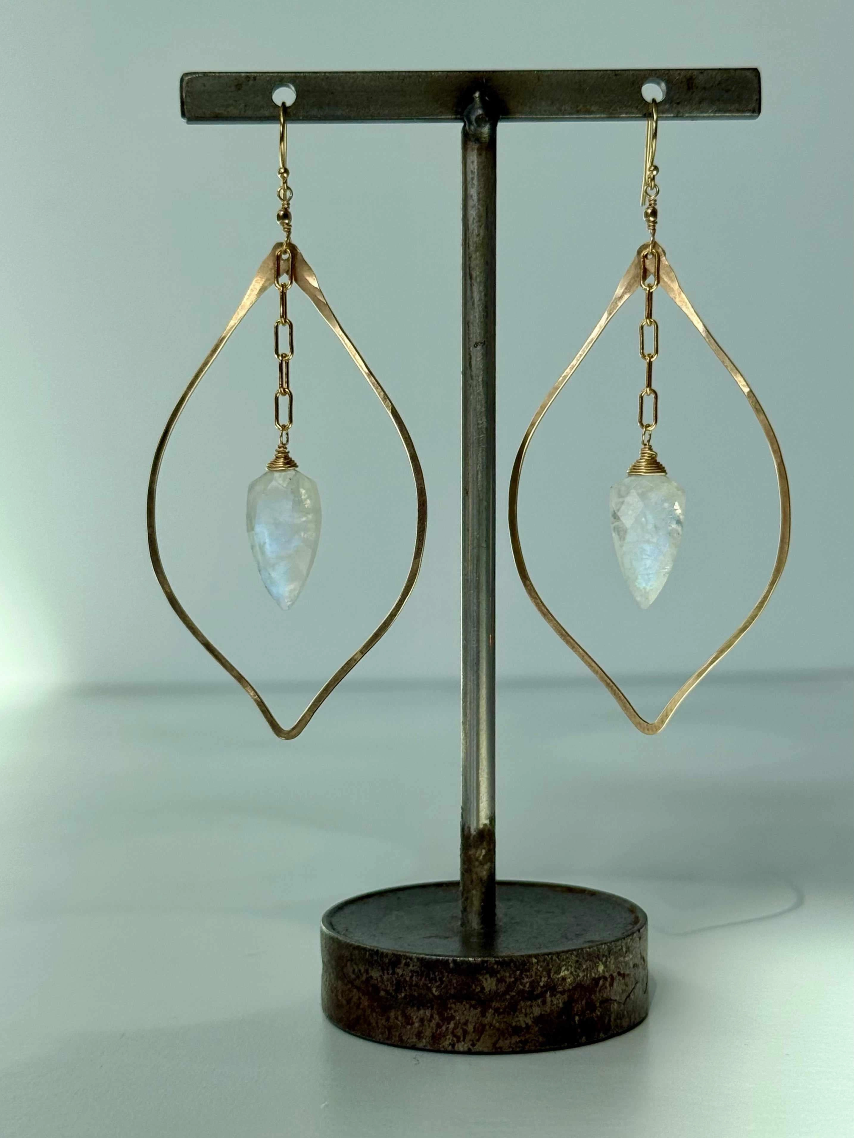 Curved Piece Tiny Accent Moonstone Petal Drop Earrings
