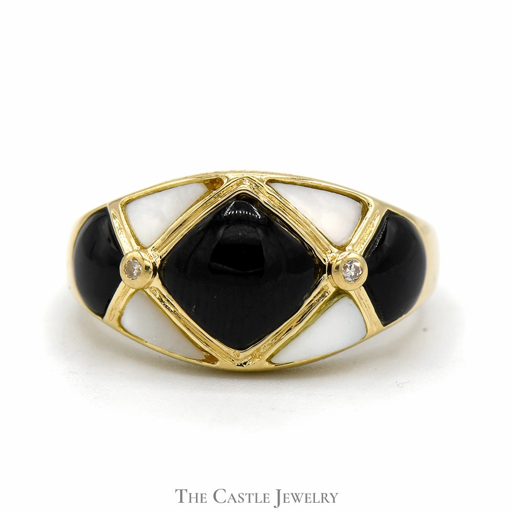 Trendy Expression Star Product Mother of Pearl and Onyx Dome Ring with Diamond Accents in 14k Yellow Gold