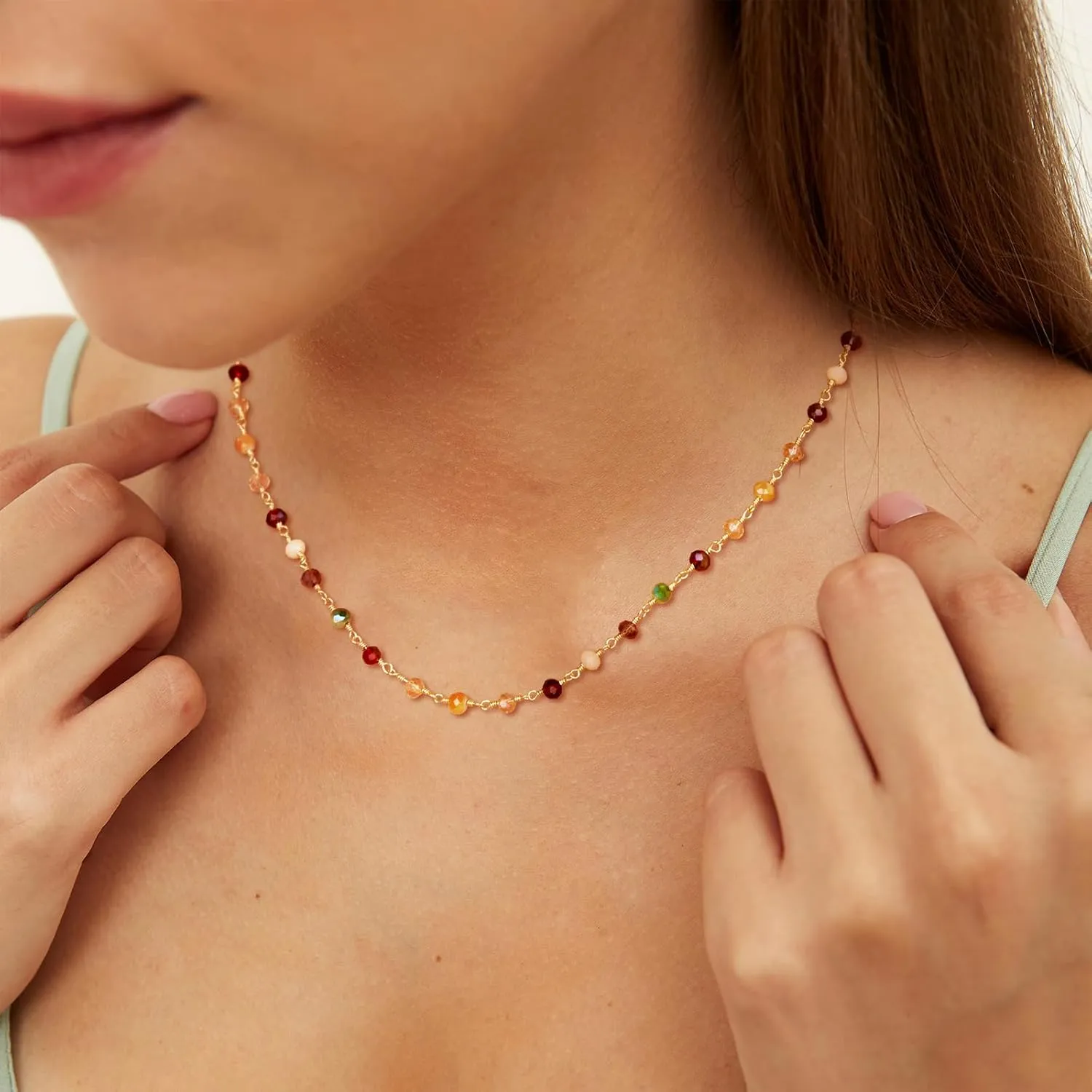 MTMY Beaded Necklaces for Women 14K Gold Plated Dainty Colorful Green/Rose Beaded Pearl Choker Necklace Delicate Boho Choker Necklace Jewelry Gift