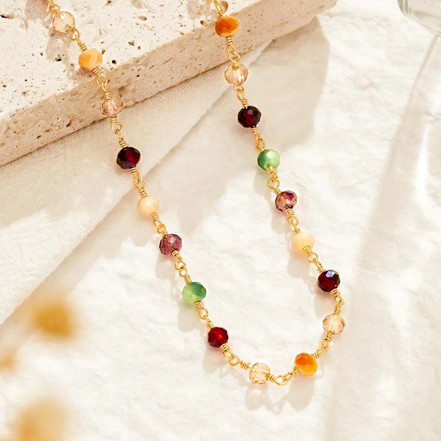 MTMY Beaded Necklaces for Women 14K Gold Plated Dainty Colorful Green/Rose Beaded Pearl Choker Necklace Delicate Boho Choker Necklace Jewelry Gift
