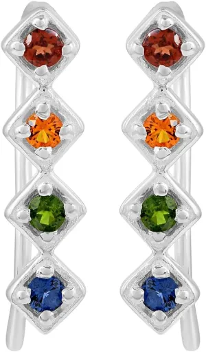 Multi Gemstone Gemstone 925 Sterling Silver Prong Setting Ear Climber Earrings