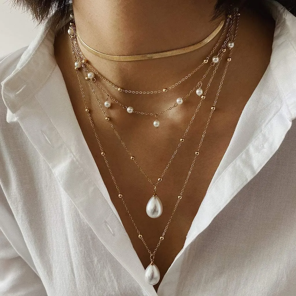 Multi-Layer Pearl Necklace for Women Collarbone Chain Elegant Layering Necklaces Fashion Jewelry (Gold, One Size)