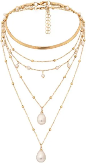 Multi-Layer Pearl Necklace for Women Collarbone Chain Elegant Layering Necklaces Fashion Jewelry (Gold, One Size)