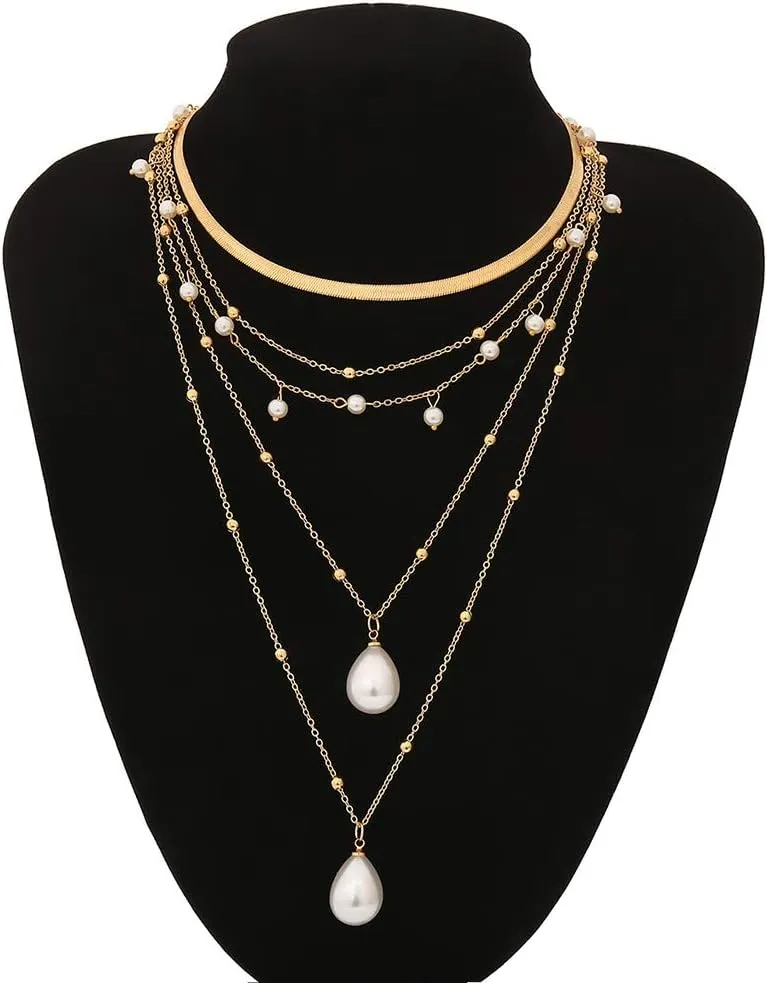 Multi-Layer Pearl Necklace for Women Collarbone Chain Elegant Layering Necklaces Fashion Jewelry (Gold, One Size)