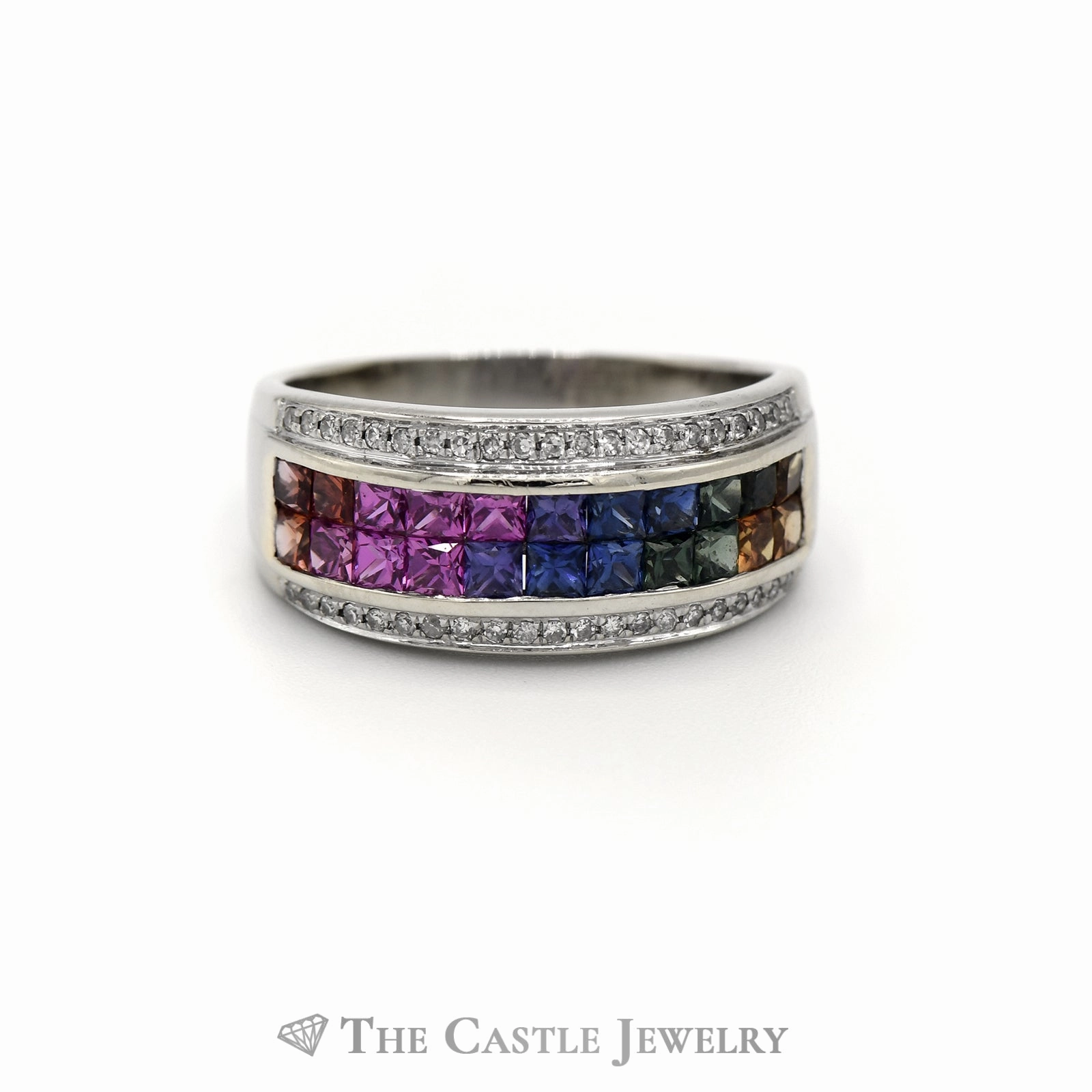 Romantic Expression Multi-Colored Gemstone Cluster Band with Diamond Accents in 14k White Gold