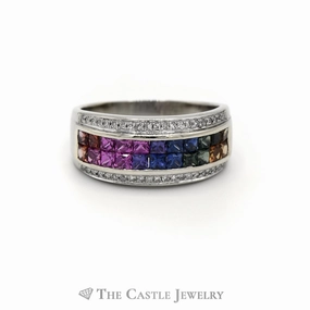 Romantic Expression Multi-Colored Gemstone Cluster Band with Diamond Accents in 14k White Gold
