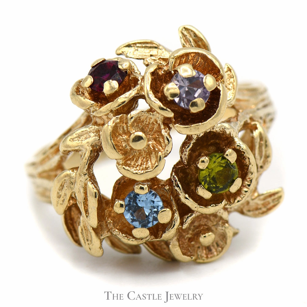 Multi Gemstone Cluster Ring with Floral Vine Design in 10k Yellow Gold Affordable Ornament
