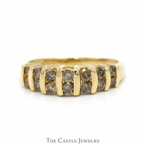 Boho Jewelry Easy Maintenance Multi Row Channel Set Cocoa Diamond Cluster Band in 10k Yellow Gold