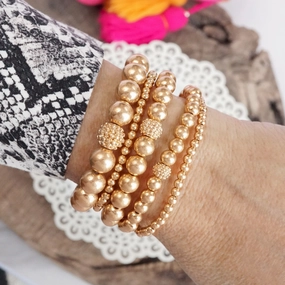 Brand New View Multi size ball beaded bracelet stack Worn Gold tone bracelet set