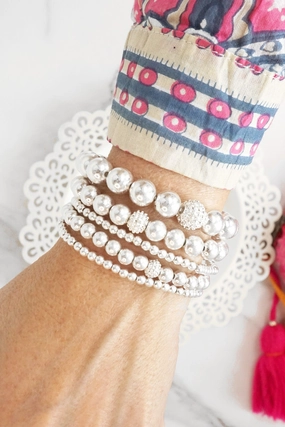 Heartwarming Mixes Multi size ball beaded bracelet stack Worn Silver tone bracelets