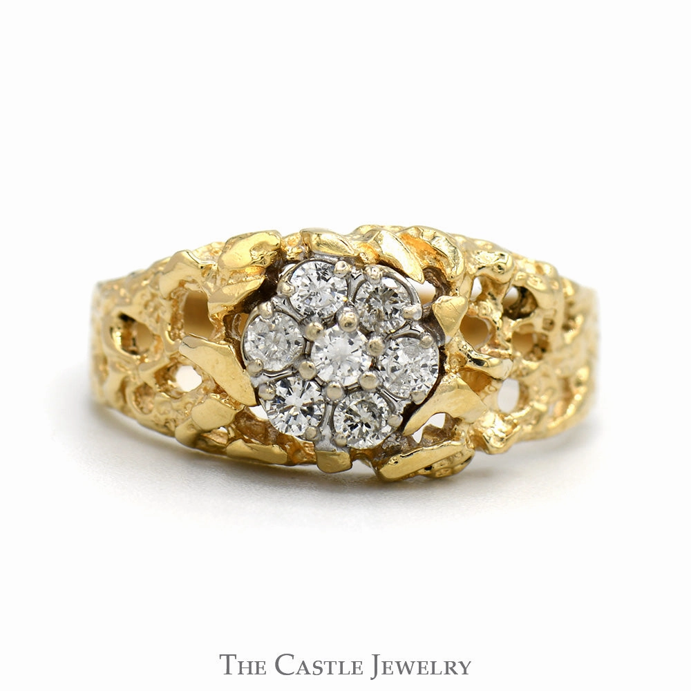 Round 7 Diamond Cluster Ring with Open Nugget Designed Sides in 14k Yellow Gold Unique Expression