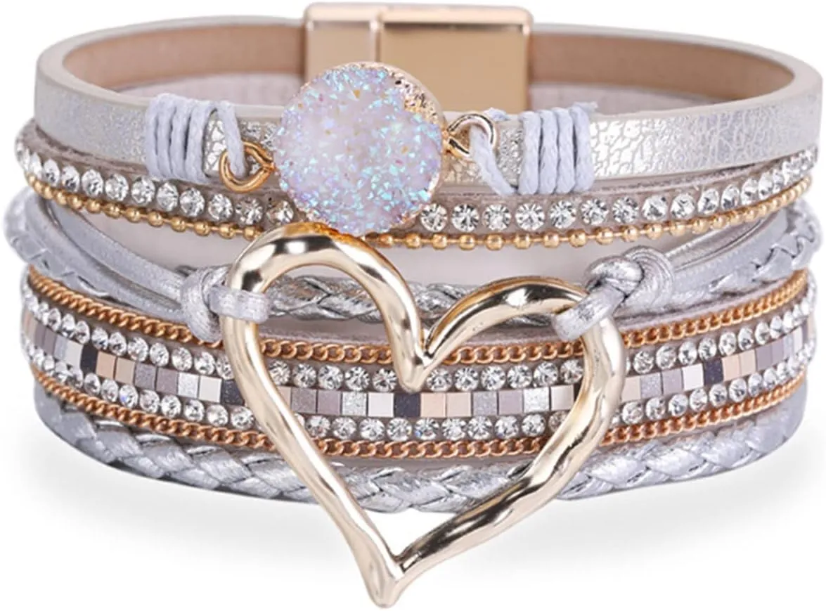 Multilayer Bohemian PU Leather Wrap Bracelet Bangle Evil Eye Crystal Rhinestone Beaded Heart Wristband Bracelet for Women Men Boho Cuff Jewelry Gift-C silver heart