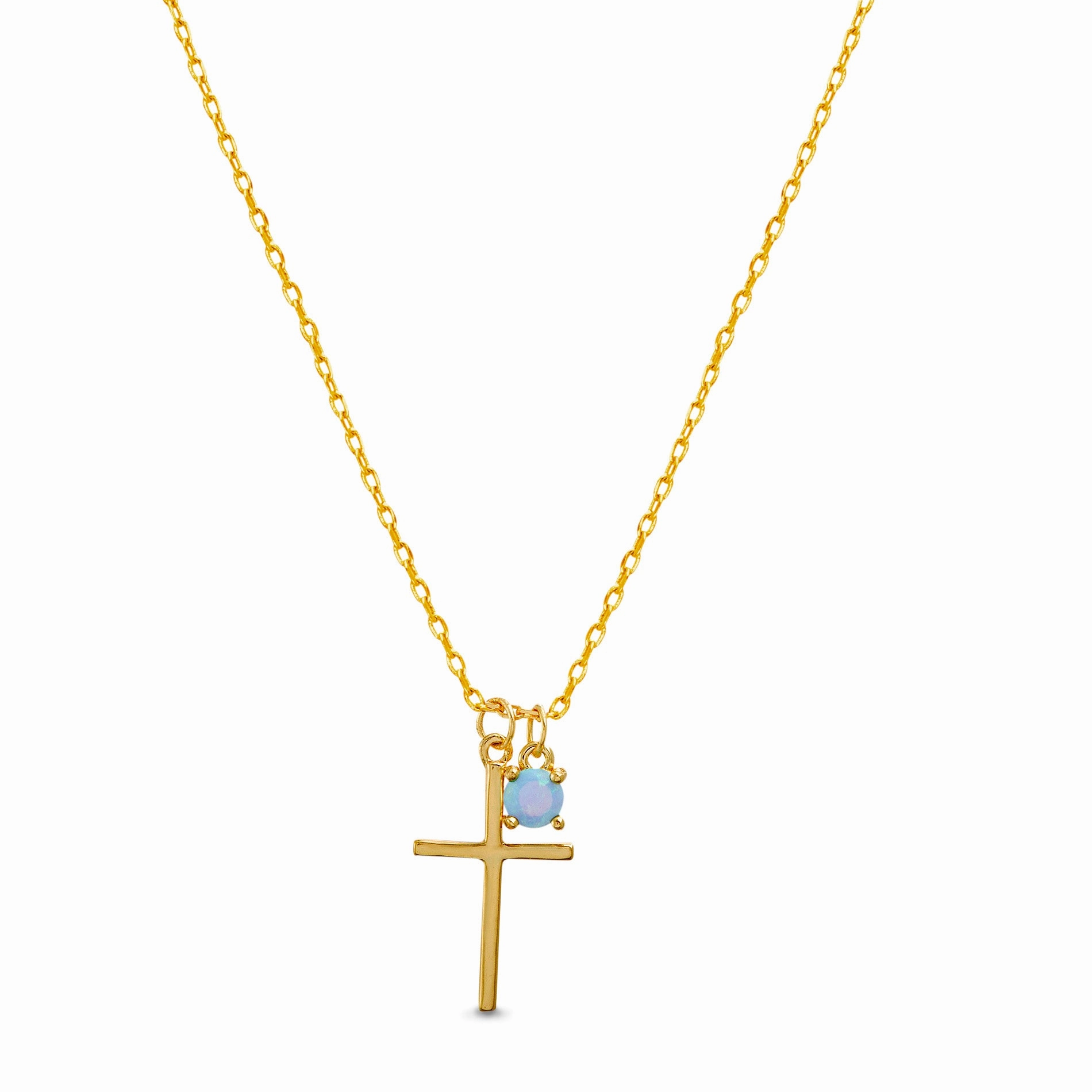 My Bible 18K Yellow Gold Plated Sterling Silver Simulated Opal Dangle Cross Charm Necklace Work Look Pure Finish