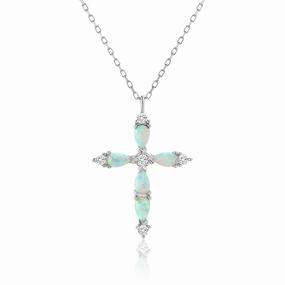 Daily Outfit All Occasion My Bible Rhodium Plated Sterling Silver Simulated Opal Cross Pendant Necklace