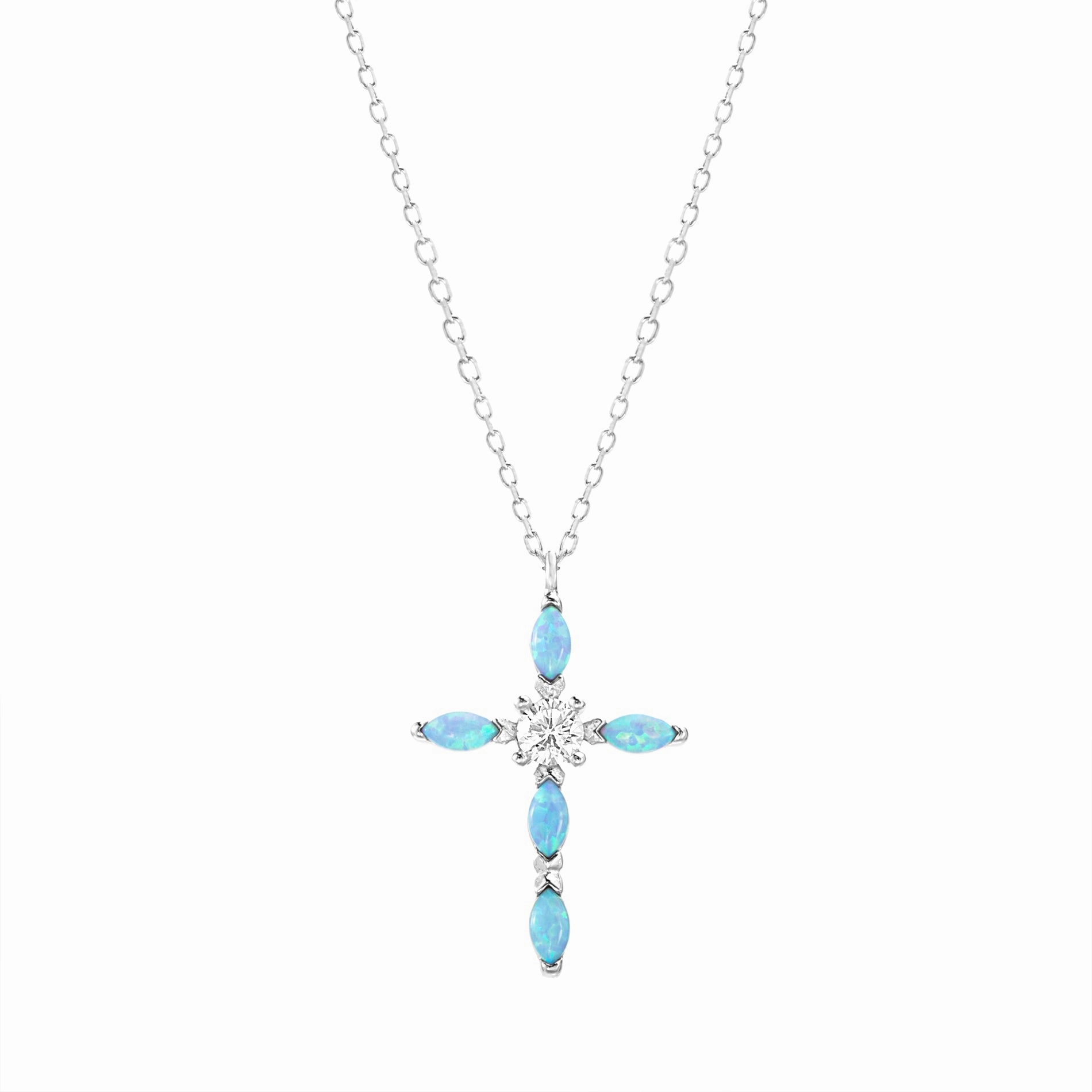 Effortless Charm My Bible Rhodium Plated Sterling Silver Simulated Opal Cross Pendant Necklace