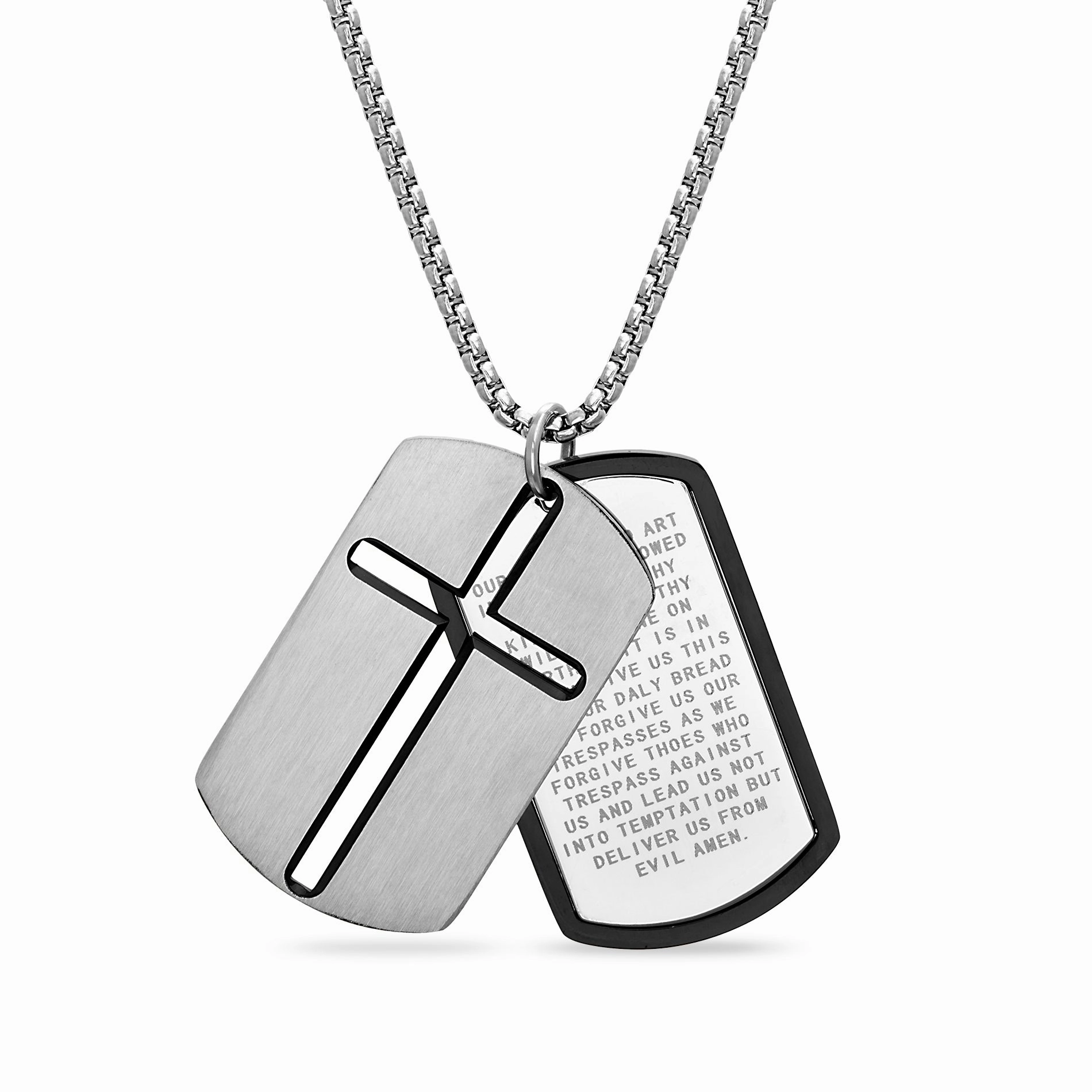 Comfortable Adornment My Bible Stainless Steel Cross and Lords Prayer Dog Tag Necklace
